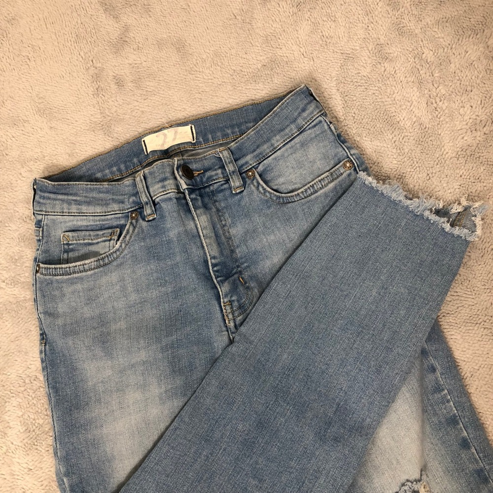 We The Free People Jeans Women's 27 Blue Distressed Uneven Raw Hem Straight